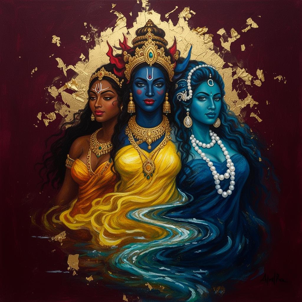 Triptych of goddesses in gold and deep wine